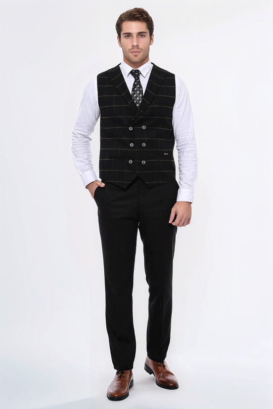 Black Checked Double Breasted Slim Fit Waistcoat – Wessi