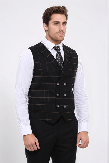 Black Checked Double Breasted Slim Fit Waistcoat – Wessi