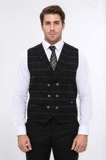 Black Checked Double Breasted Slim Fit Waistcoat – Wessi