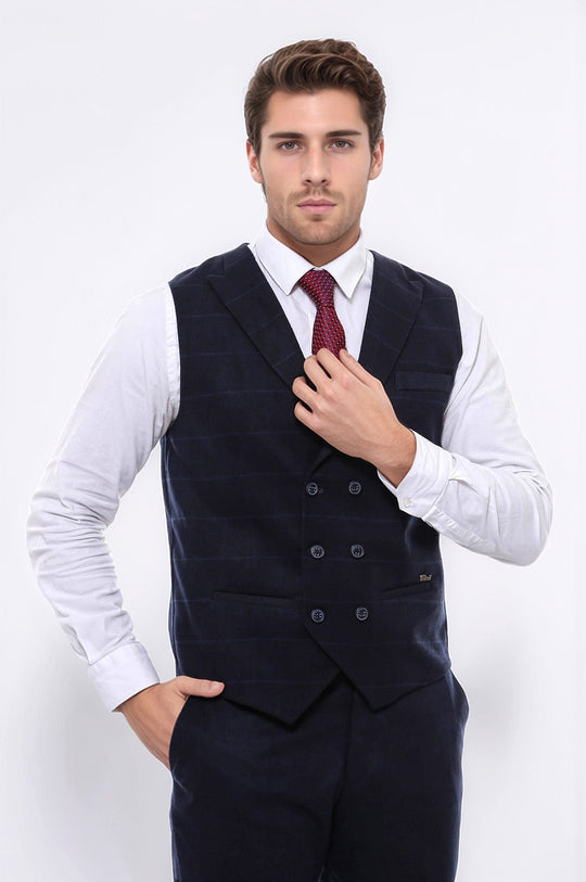 Navy Blue Plaid Double Breasted Slim Fit Waistcoat – Wessi