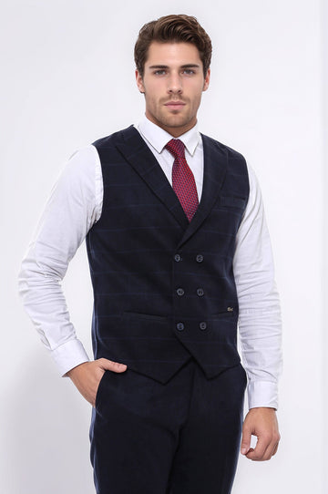Navy Blue Plaid Double Breasted Slim Fit Waistcoat – Wessi