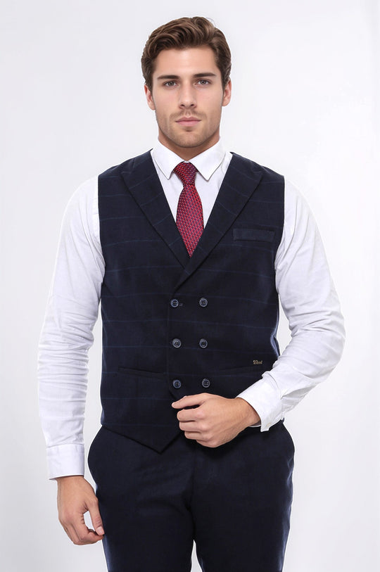 Navy Blue Plaid Double Breasted Slim Fit Waistcoat – Wessi