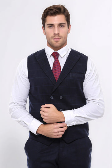 Navy Blue Plaid Double Breasted Slim Fit Waistcoat – Wessi