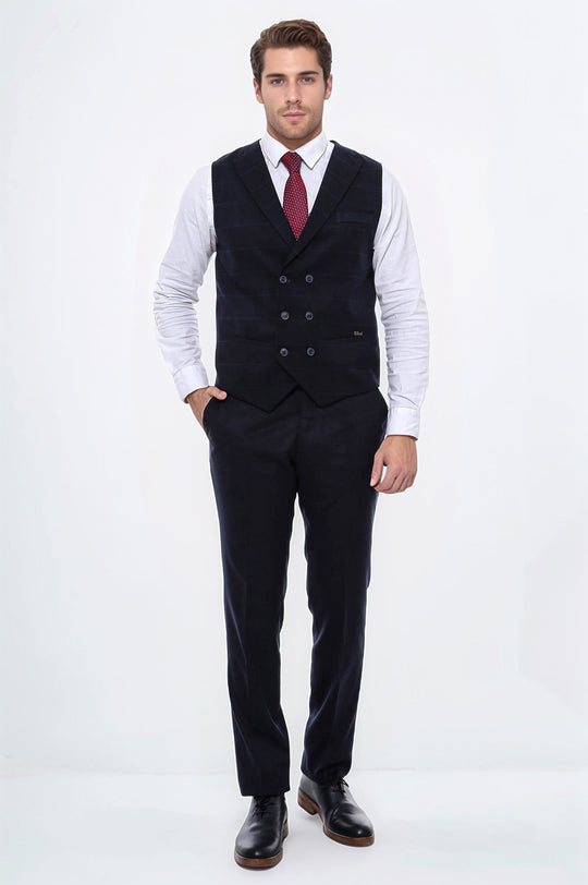 Navy Blue Plaid Double Breasted Slim Fit Waistcoat – Wessi
