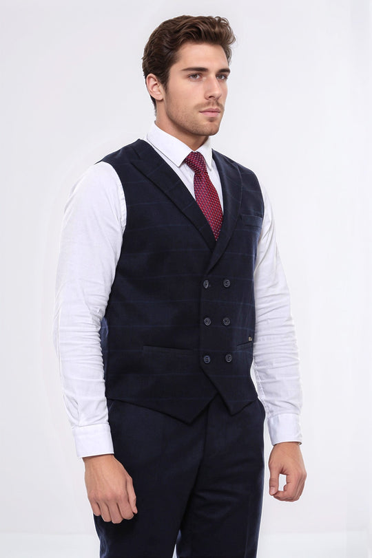 Navy Blue Plaid Double Breasted Slim Fit Waistcoat – Wessi