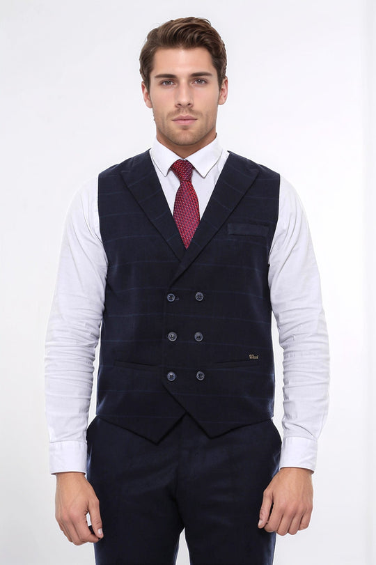 Navy Blue Plaid Double Breasted Slim Fit Waistcoat – Wessi