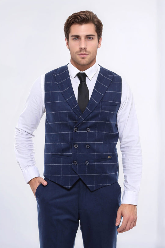 Navy Blue Checked Double Breasted Slim Fit Waistcoat – Wessi