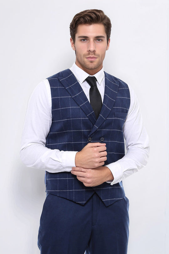 Navy Blue Checked Double Breasted Slim Fit Waistcoat – Wessi