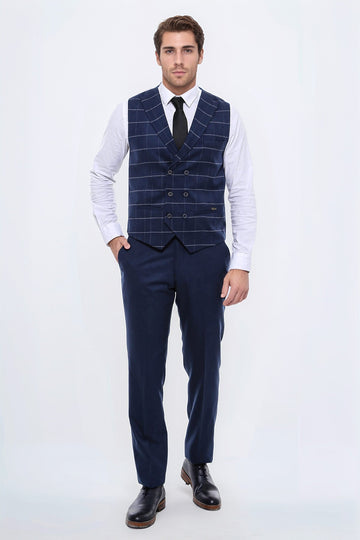 Navy Blue Checked Double Breasted Slim Fit Waistcoat – Wessi