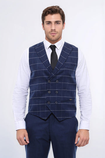 Navy Blue Checked Double Breasted Slim Fit Waistcoat – Wessi