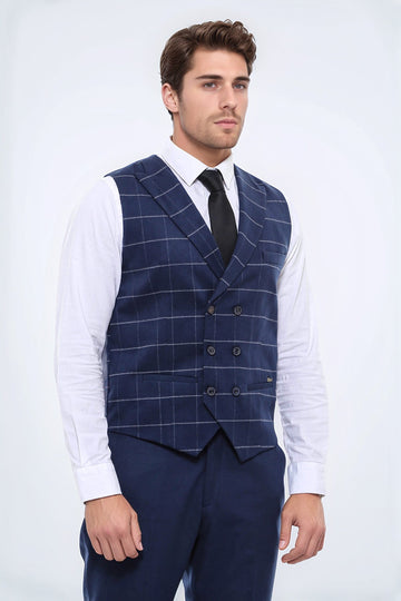 Navy Blue Checked Double Breasted Slim Fit Waistcoat – Wessi