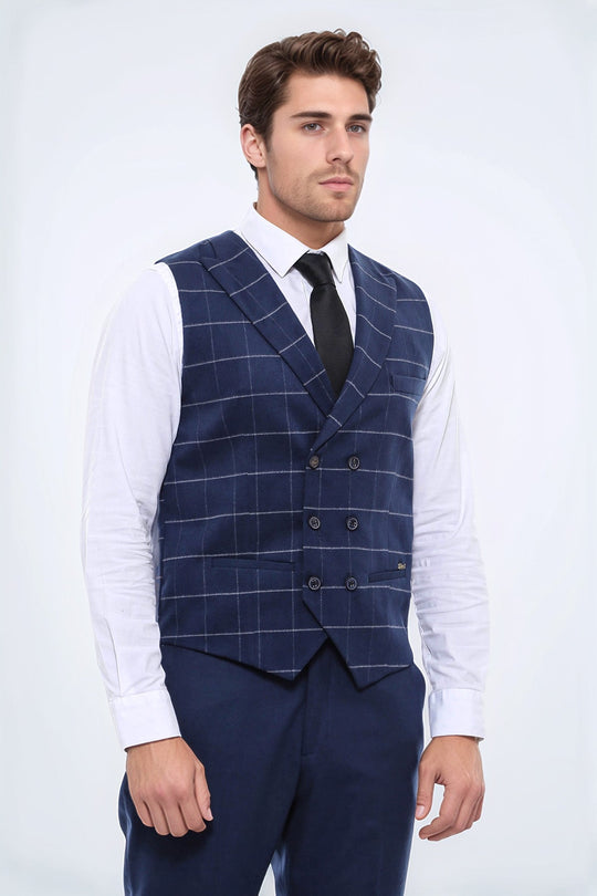 Navy Blue Checked Double Breasted Slim Fit Waistcoat – Wessi