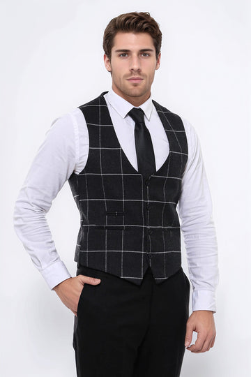 Anthracite Checked V-Neck Slim Fit Waistcoat – Wessi