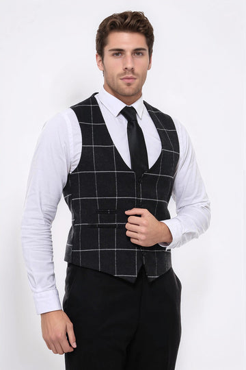 Anthracite Checked V-Neck Slim Fit Waistcoat – Wessi
