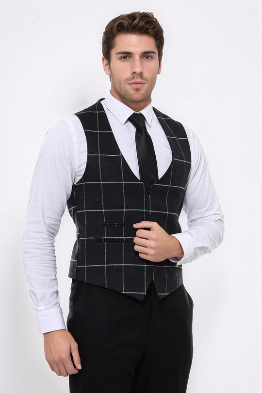 Anthracite Checked V-Neck Slim Fit Waistcoat – Wessi