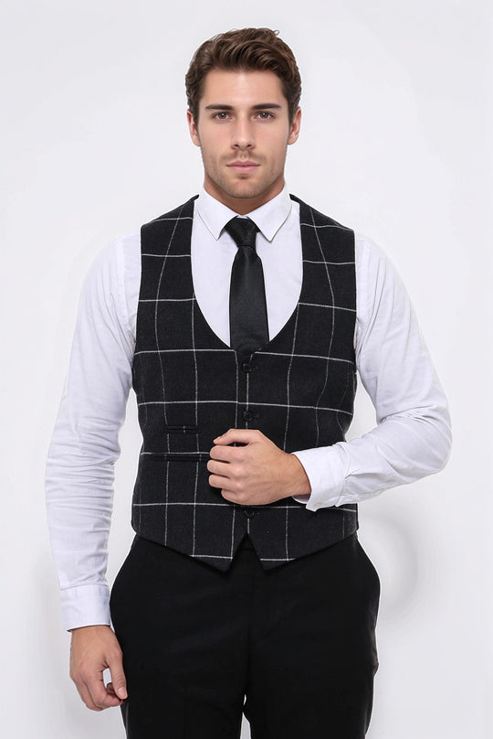 Anthracite Checked V-Neck Slim Fit Waistcoat – Wessi