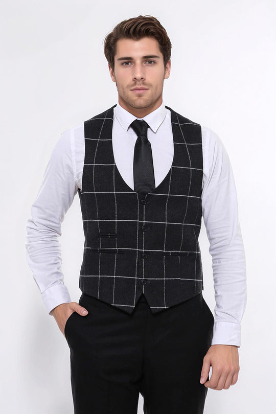 Anthracite Checked V-Neck Slim Fit Waistcoat – Wessi