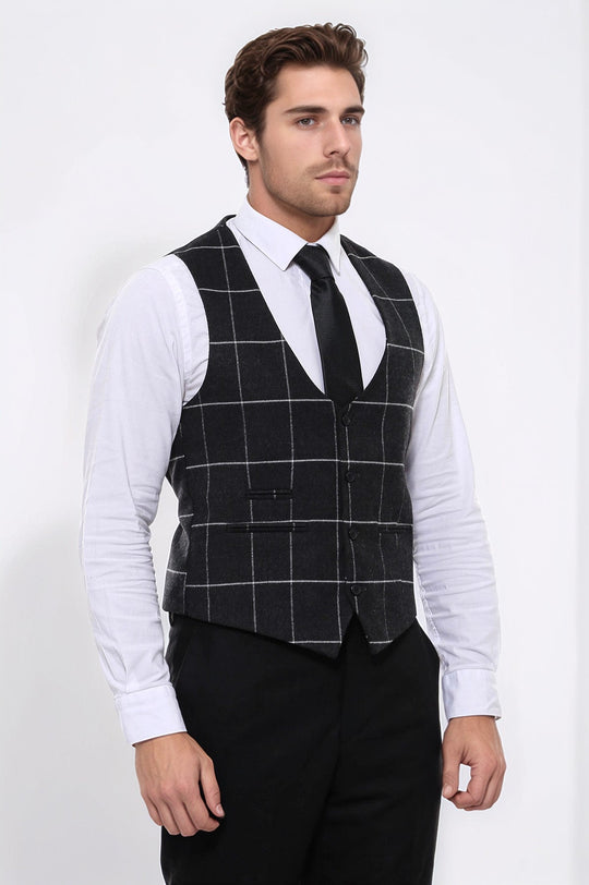 Anthracite Checked V-Neck Slim Fit Waistcoat – Wessi