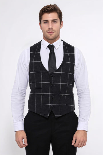 Anthracite Checked V-Neck Slim Fit Waistcoat – Wessi