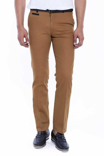 Tan Slim Fit Belt Detail Cotton Trousers – Wessi