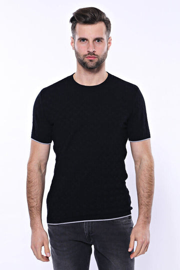 Patterned Tricot Knitted Black Men T-Shirt | Wessi