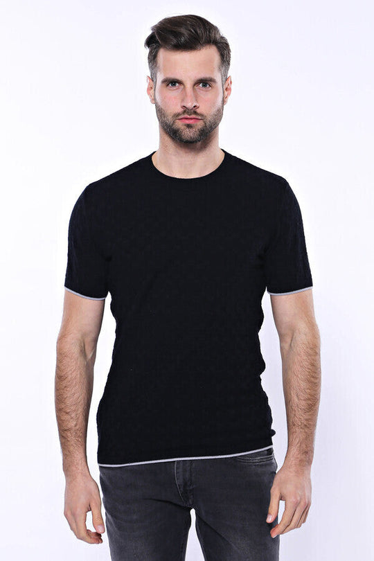 Patterned Tricot Knitted Black Men T-Shirt | Wessi