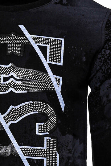 Black Slim Fit Crew Neck Patterned Sweatshirt | Wessi