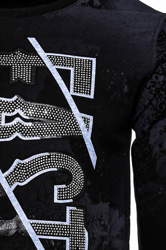 Black Slim Fit Crew Neck Patterned Sweatshirt | Wessi