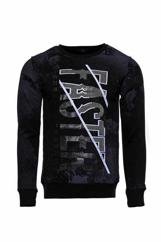 Black Slim Fit Crew Neck Patterned Sweatshirt | Wessi