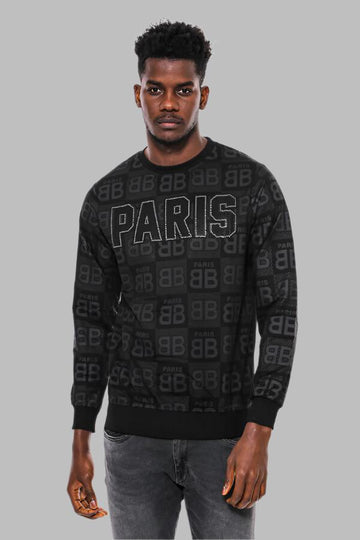 Black Slim Fit Crew Neck Patterned Sweatshirt | Wessi