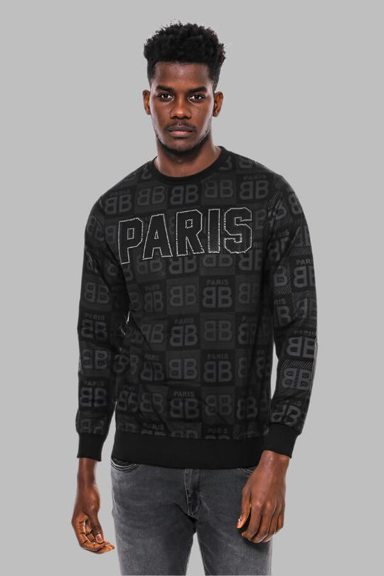 Black Slim Fit Crew Neck Patterned Sweatshirt | Wessi