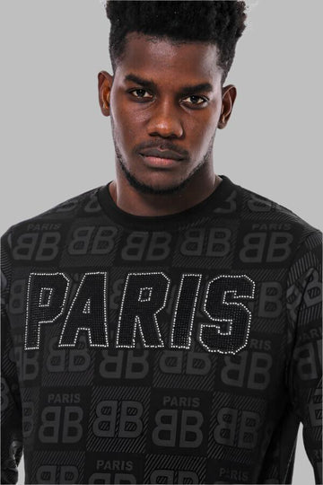 Black Slim Fit Crew Neck Patterned Sweatshirt | Wessi