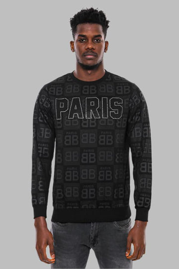 Black Slim Fit Crew Neck Patterned Sweatshirt | Wessi