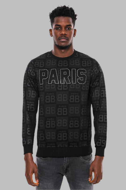 Black Slim Fit Crew Neck Patterned Sweatshirt | Wessi
