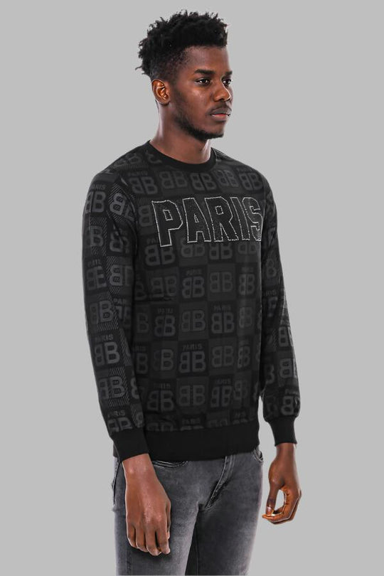 Black Slim Fit Crew Neck Patterned Sweatshirt | Wessi