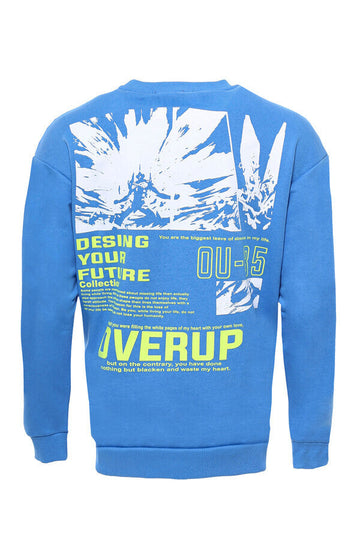 Blue Slim Fit Both-Side Printed Crew Neck Sweatshirt | Wessi