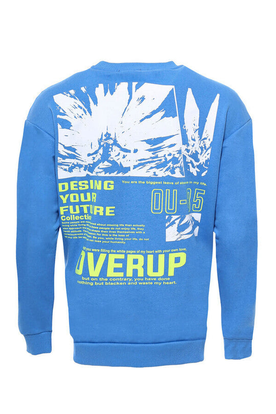 Blue Slim Fit Both-Side Printed Crew Neck Sweatshirt | Wessi