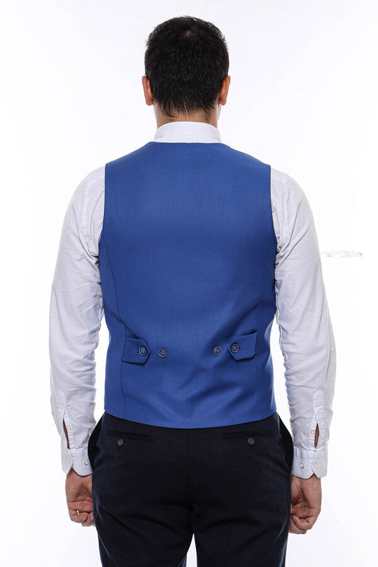 Blue Plain Collared V-Neck Slim Fit Waistcoat – Wessi