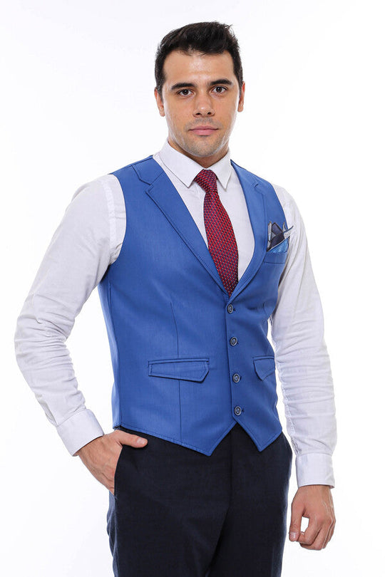 Blue Plain Collared V-Neck Slim Fit Waistcoat – Wessi