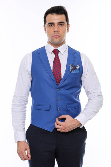 Blue Plain Collared V-Neck Slim Fit Waistcoat – Wessi