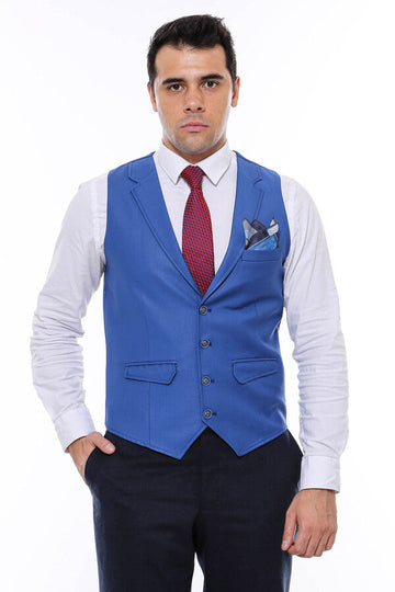 Blue Plain Collared V-Neck Slim Fit Waistcoat – Wessi