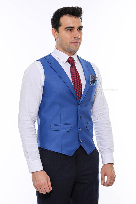 Blue Plain Collared V-Neck Slim Fit Waistcoat – Wessi