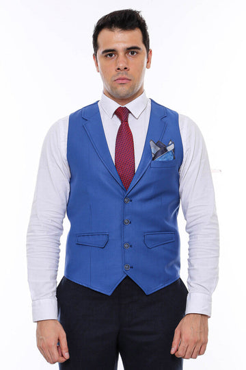 Blue Plain Collared V-Neck Slim Fit Waistcoat – Wessi