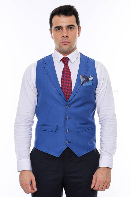 Blue Plain Collared V-Neck Slim Fit Waistcoat – Wessi