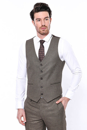 Beige Slim Fit Self-Patterned Single Waistcoat – Wessi