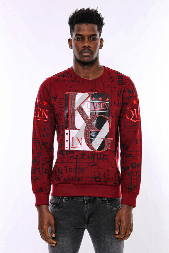 Burgundy Slim Fit Crew Neck Patterned Sweatshirt | Wessi