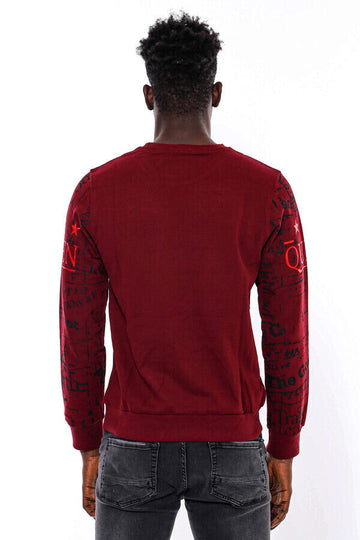 Burgundy Slim Fit Crew Neck Patterned Sweatshirt | Wessi