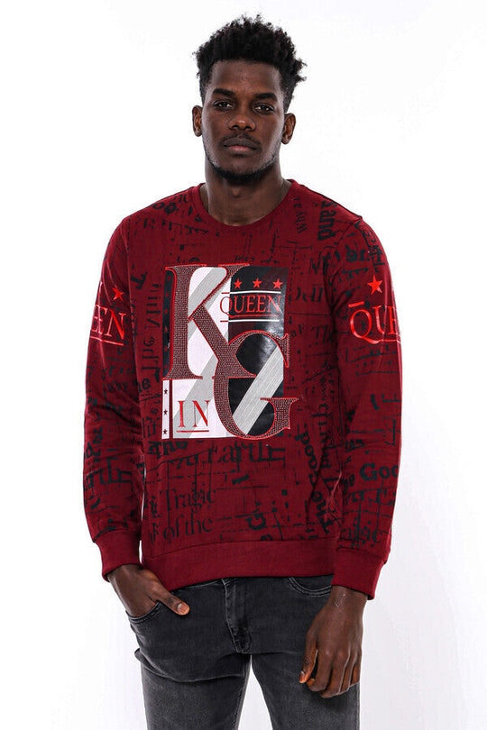 Burgundy Slim Fit Crew Neck Patterned Sweatshirt | Wessi