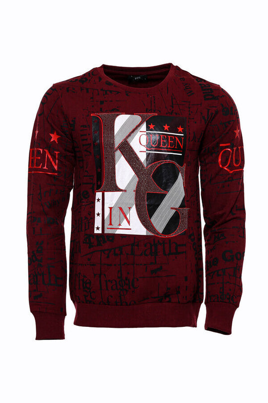 Burgundy Slim Fit Crew Neck Patterned Sweatshirt | Wessi