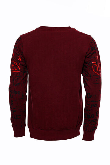 Burgundy Slim Fit Crew Neck Patterned Sweatshirt | Wessi
